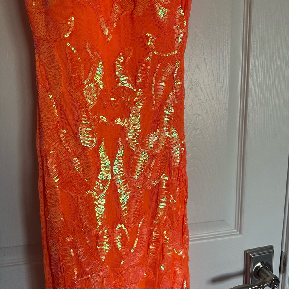 Jovani Neon Orange Sequin Mermaid Prom Dress - Picture 12 of 14
